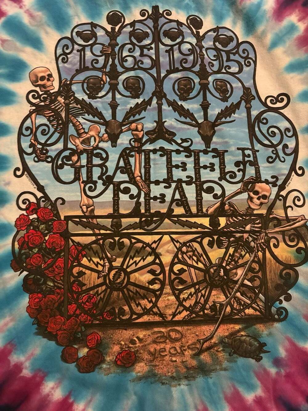Vintage 1995 Grateful Dead Liquid Blue Tie-Dye T-Shirt with two-sided design